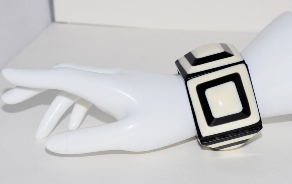 Vintage Marion Godart Black & White Art Deco Style Cuff Bracelet